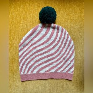 Bobo Choses Rose & Oatmeal Striped Beanie with Green Pom Pom